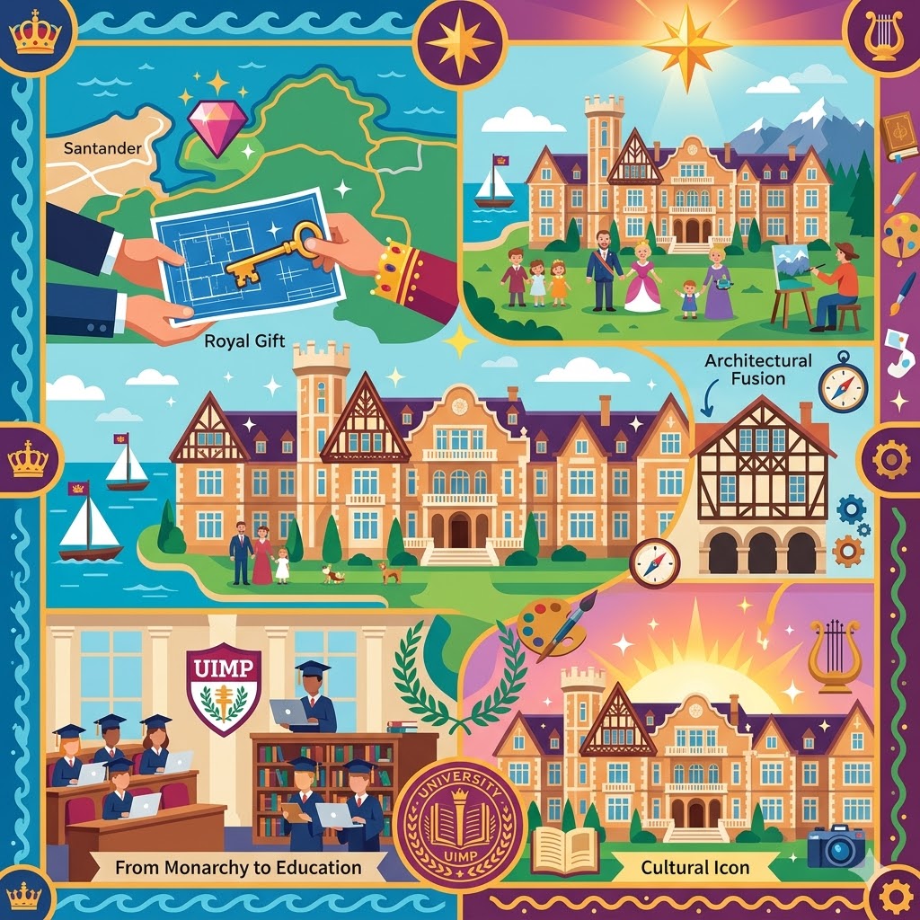 A colorful infographic illustrating the history of Magdalena Palace in Santander, featuring sections for the royal gift, architectural fusion, the UIMP university, and its status as a cultural icon.