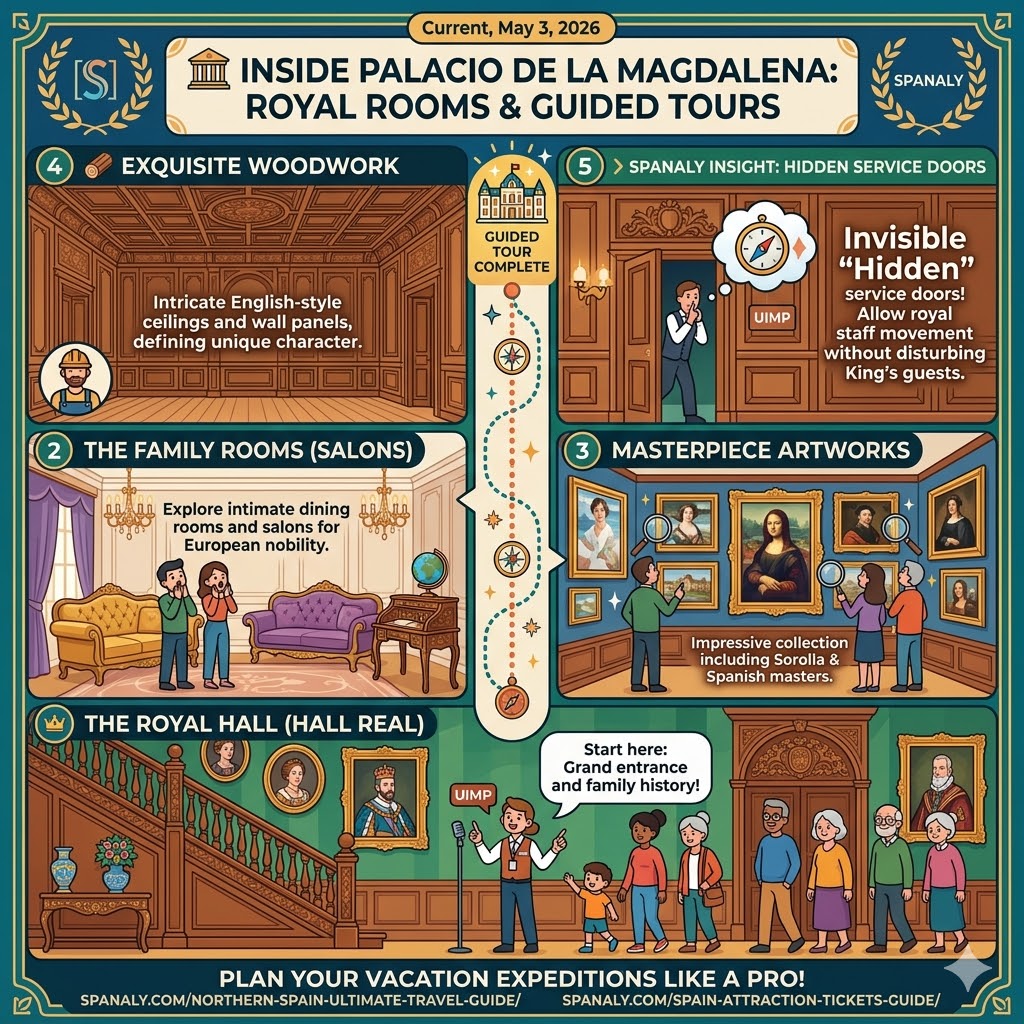 A colorful infographic titled 'INSIDE PALACIO DE LA MAGDALENA' showing a guided tour through the Royal Hall, family salons, art galleries, and hidden service doors with travel tips.