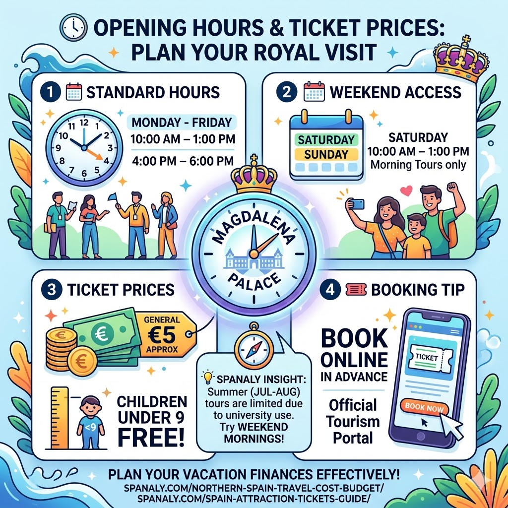 A colorful square infographic titled '🕒 OPENING HOURS & TICKET PRICES: PLAN YOUR ROYAL VISIT' by Spanaly. It details standard Monday-Friday hours (10:00 AM-1:00 PM and 4:00 PM-6:00 PM), weekend morning access, approximate ticket prices of €5, a children under 9 free offer, and a 'book online in advance' tip.