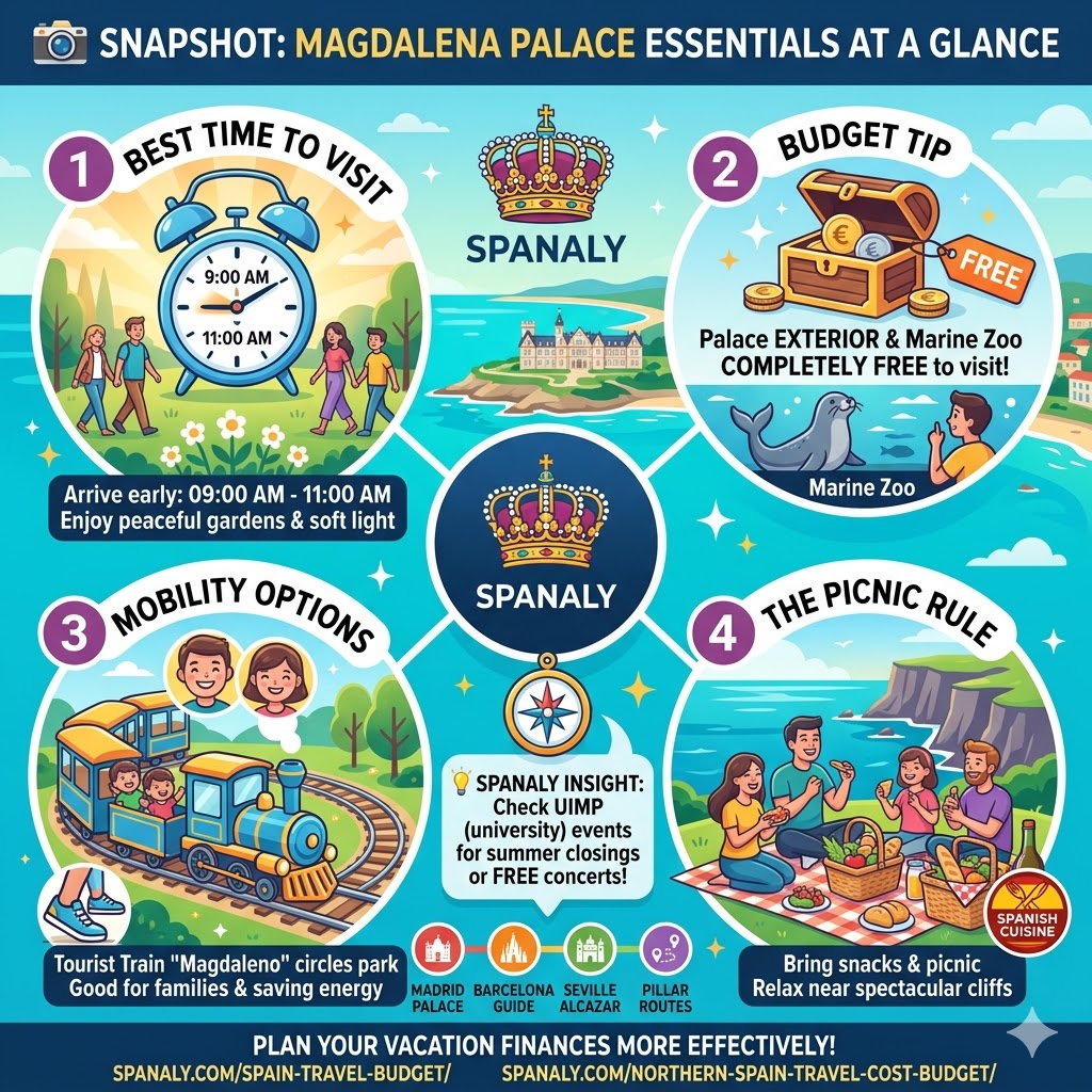 A vibrant infographic titled 'SNAPSHOT: MAGDALENA PALACE ESSENTIALS AT A GLANCE' showing best visit times, budget tips for the marine zoo, mobility options with the tourist train, and the picnic rule near the cliffs.