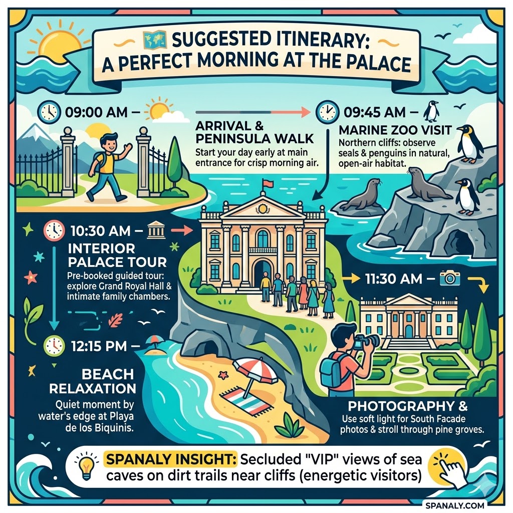 Infographic showing a perfect morning itinerary at Magdalena Palace in Santander, including the marine zoo, interior palace tour, photography in the gardens, and relaxation at Playa de los Biquinis by Spanaly.com