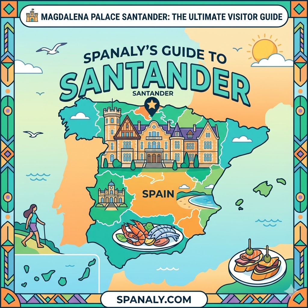 An epic infographic map featuring the Magdalena Palace in Santander, integrated into a colorful map of Spain with Spanaly branding.