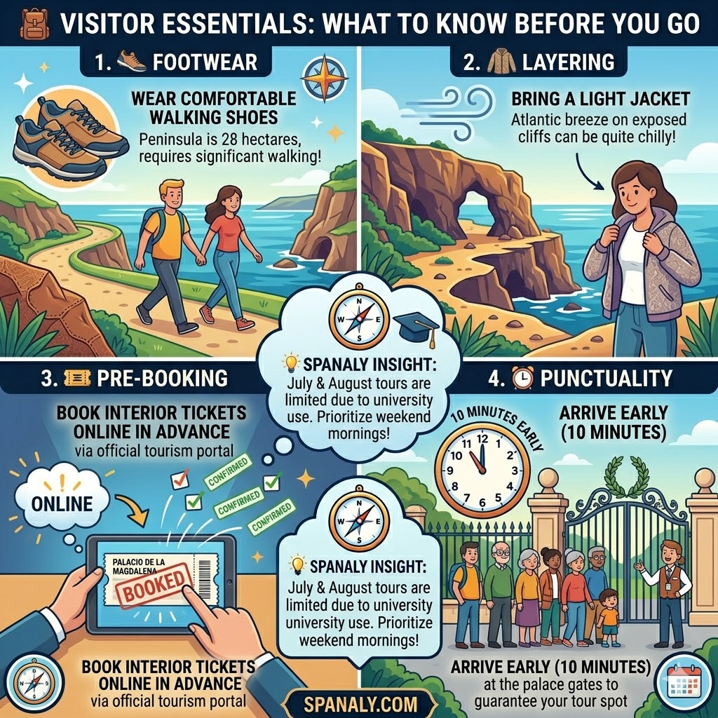 Infographic guide for Magdalena Palace visitor essentials by Spanaly, featuring footwear, layering, pre-booking, and punctuality tips.