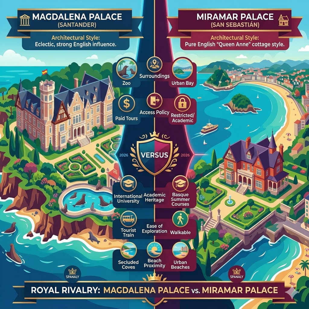 A colorful square comparison infographic titled 'ROYAL RIVALRY: MAGDALENA PALACE VS. MIRAMAR PALACE' by Spanaly, detailing differences in architecture, surroundings, and access.