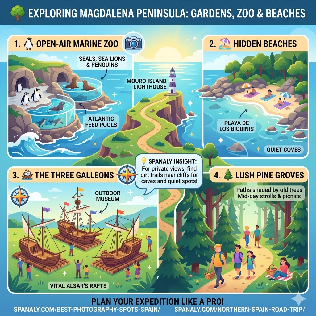 A colorful square infographic titled '🌳 EXPLORING MAGDALENA PENINSULA: GARDENS, ZOO & BEACHES' by Spanaly. It guides through four main sections: an open-air marine zoo with penguins and seals, hidden beaches including Playa de los Biquinis, an outdoor museum with Vital Alsar's galleons, and lush pine groves for picnicking.