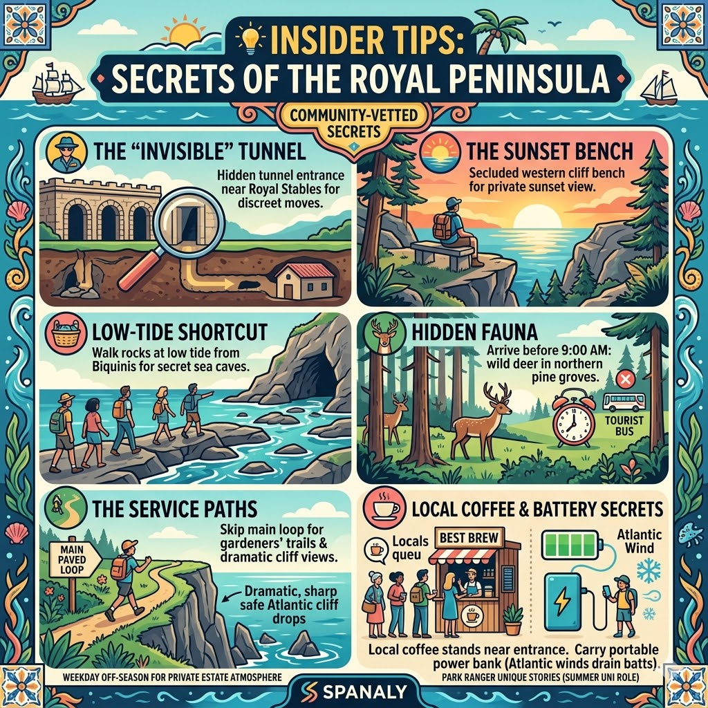 Infographic showing insider tips for Magdalena Peninsula in Santander, featuring the invisible supply tunnel, sunset bench, low-tide shortcut to sea caves, wild deer spotting, and Atlantic cliff service paths by Spanaly.com