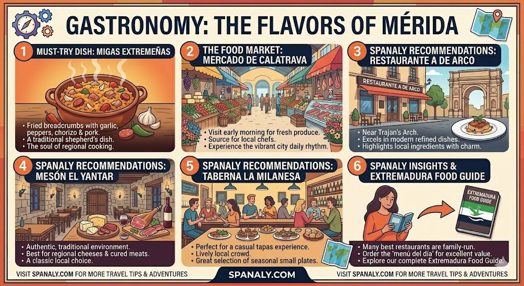 Colorful travel infographic about Mérida gastronomy and food guide featuring Migas Extremeñas, Mercado de Calatrava, and local restaurant recommendations by Spanaly.com.