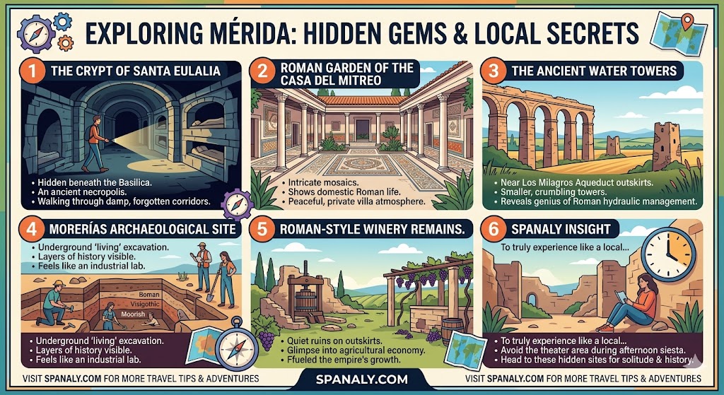 Colorful infographic showcasing 5 hidden gems and local secrets in Mérida, Spain, including the Crypt of Santa Eulalia and Roman Garden, by Spanaly.com.
