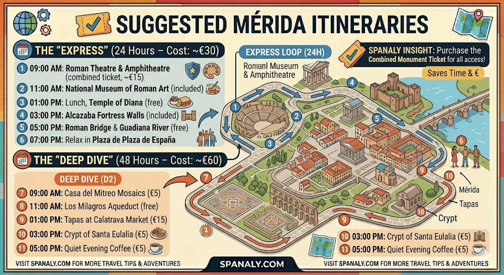 Colorful travel infographic and route map showing 24-hour and 48-hour suggested itineraries for visiting Roman monuments in Mérida, Spain, by Spanaly.com.