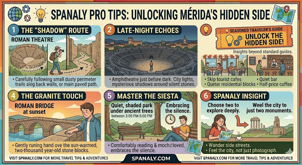 Colorful infographic showing Spanaly Pro Tips to unlock Mérida's hidden side, including the shadow route at the Roman Theatre and mastering the siesta by Spanaly.com.