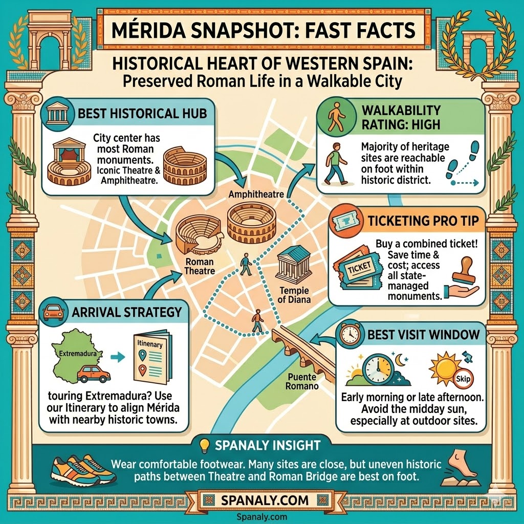 SEO travel infographic for Mérida snapshot and fast facts, showcasing walking route map to Roman Theatre, ticketing tips, and best visit windows by Spanaly.com