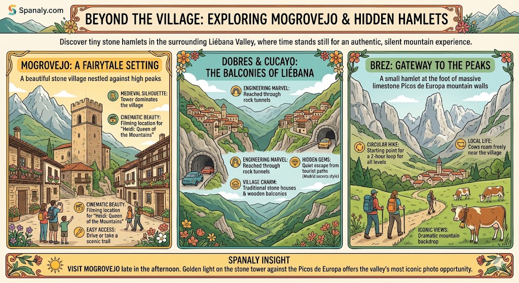 Infographic guide to hidden gems in Liébana Valley featuring the medieval tower of Mogrovejo, the cliffside tunnels of Dobres and Cucayo, and the mountain hiking trails of Brez by Spanaly.com