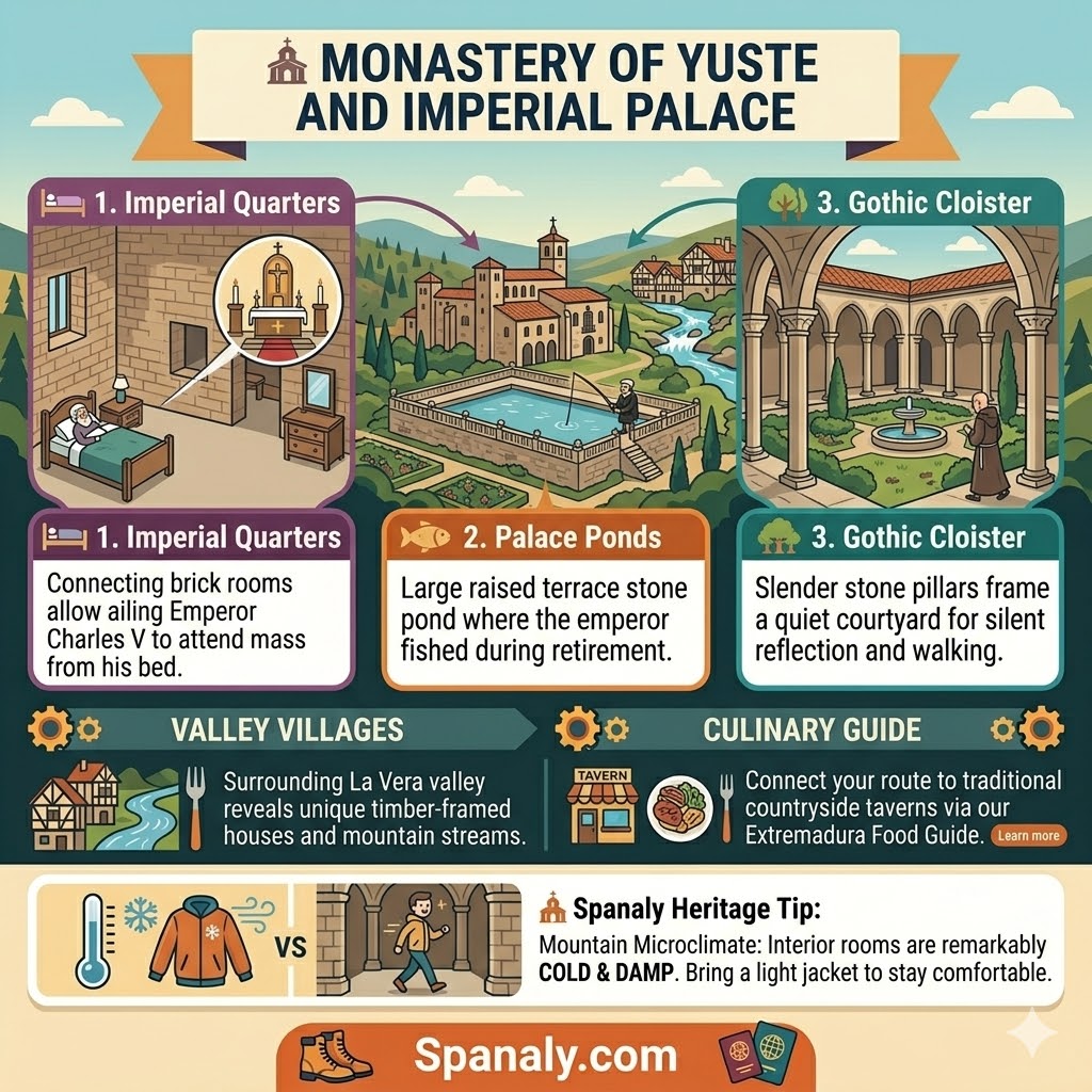 Monastery of Yuste infographic showing Emperor Charles V imperial quarters palace fishing ponds and Gothic cloister courtyard