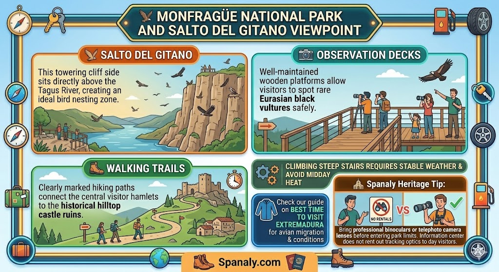 Monfrague National Park infographic displaying Salto del Gitano cliff side bird watching decks and hiking walking trails