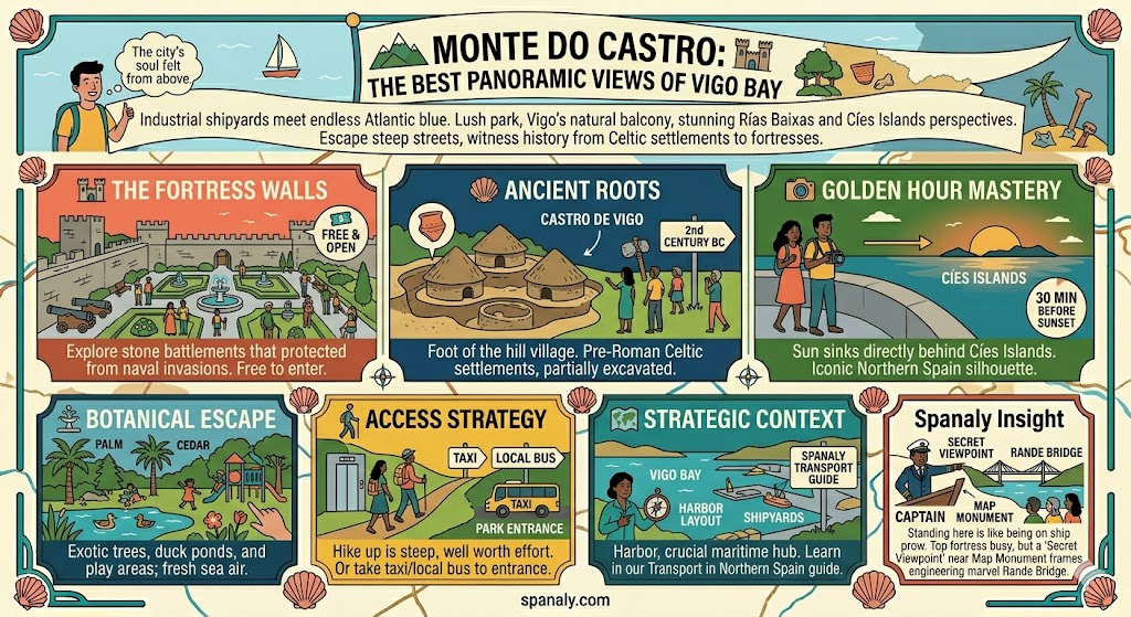 Infographic for Monte do Castro in Vigo featuring panoramic bay views, the fortress walls, and sunset tips at the Celtic settlement.