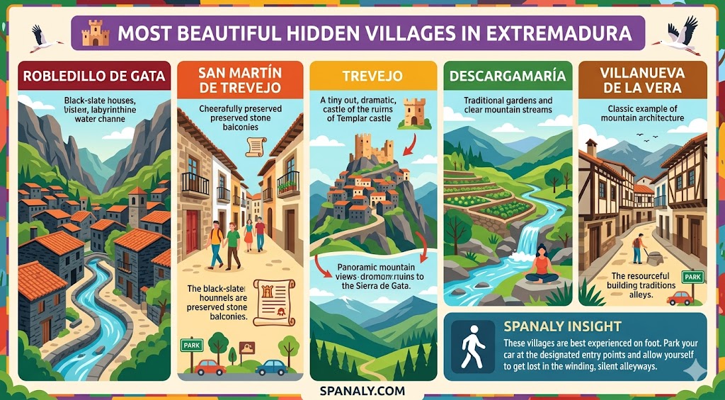An infographic comparing the unique architectural features of beautiful hidden villages in Extremadura, including Robledillo de Gata, San Martín de Trevejo, and Trevejo.