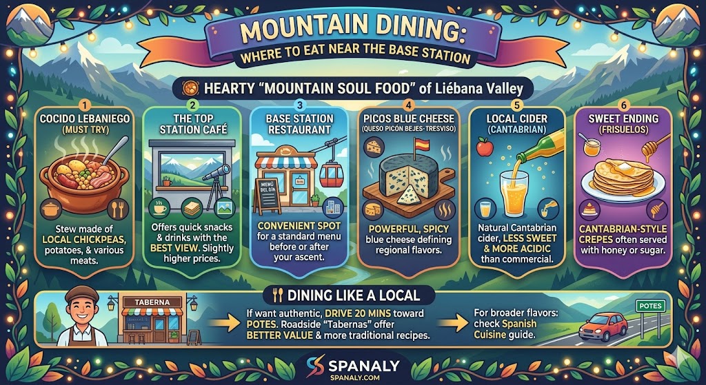 Infographic of mountain food in Liebana Valley featuring Cocido Lebaniego, Picos blue cheese, Cantabrian cider, and dining tips near Fuente De.
