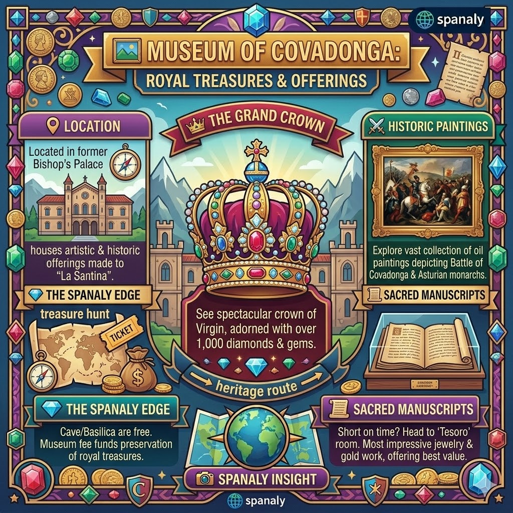 Infographic of the Museum of Covadonga in Asturias featuring royal crowns, historical paintings, sacred manuscripts, and visitor tips.