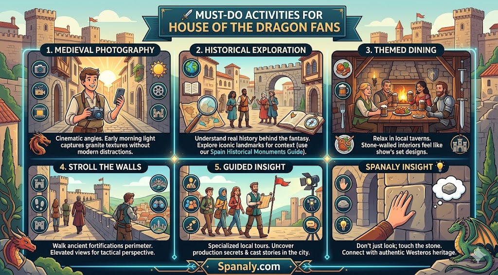 A colorful infographic detailing must-do activities for House of the Dragon fans in Cáceres, Spain, including medieval photography, historical exploration, and themed dining experiences.