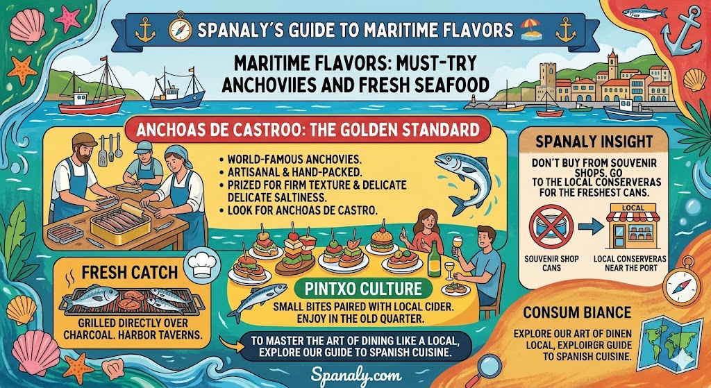 Infographic guide to maritime flavors in Castro Urdiales featuring artisanal anchovies and fresh seafood.