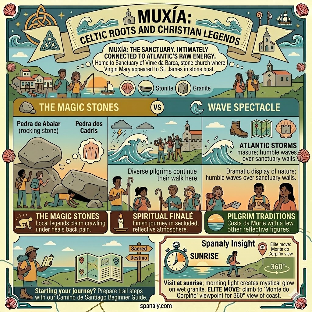 Infographic of Muxía in Galicia featuring the Sanctuary of Virxe da Barca, magic stones legend, and sunrise photography tips.