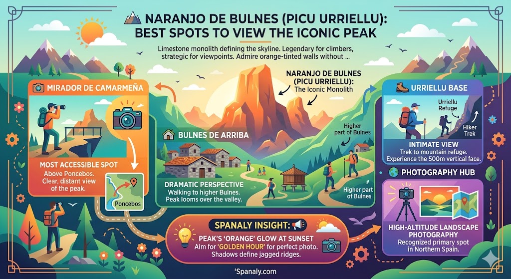Infographic showing the best spots to view Naranjo de Bulnes peak including Mirador de Camarmeña and Bulnes de Arriba.