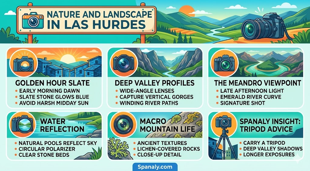 A colorful infographic guide providing photography tips for Las Hurdes, Spain, including best lighting for slate architecture, lens advice for valleys, and landscape photography techniques.