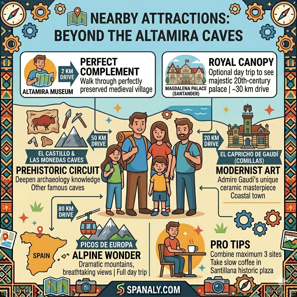 A colorful map-based infographic detailing nearby attractions to Altamira Caves in Cantabria, Spain, including Santillana del Mar, Comillas, Santander's Magdalena Palace, and the Picos de Europa, with drive times.