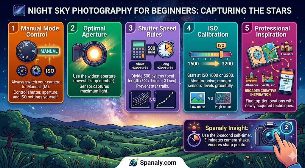 Infographic guide for night sky photography, covering essential tips like manual mode control, optimal aperture, shutter speed rules, ISO calibration, and techniques for beginners.