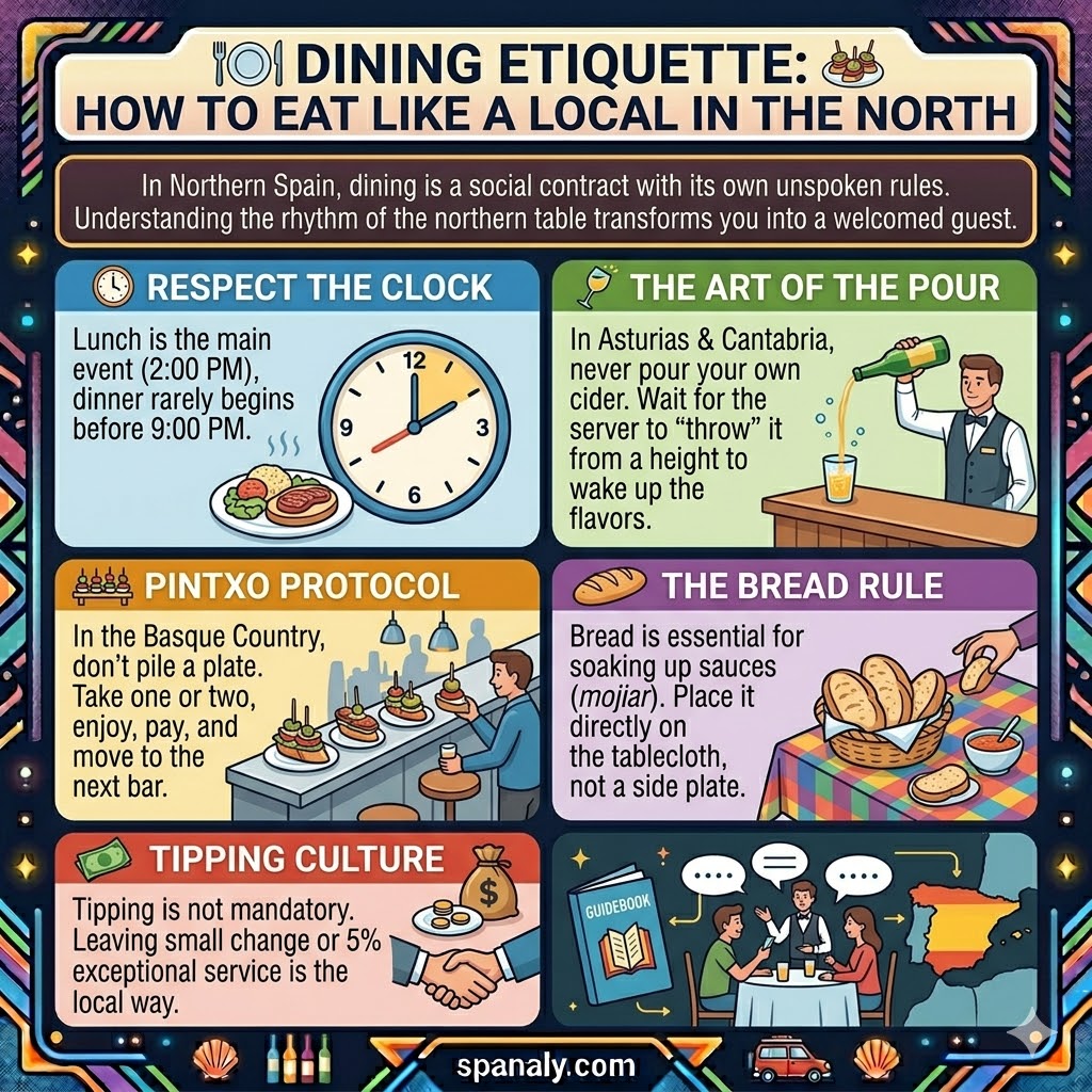 Infographic about Northern Spain dining etiquette featuring meal times, cider pouring rules, Basque Pintxo protocol, and local tipping culture advice.