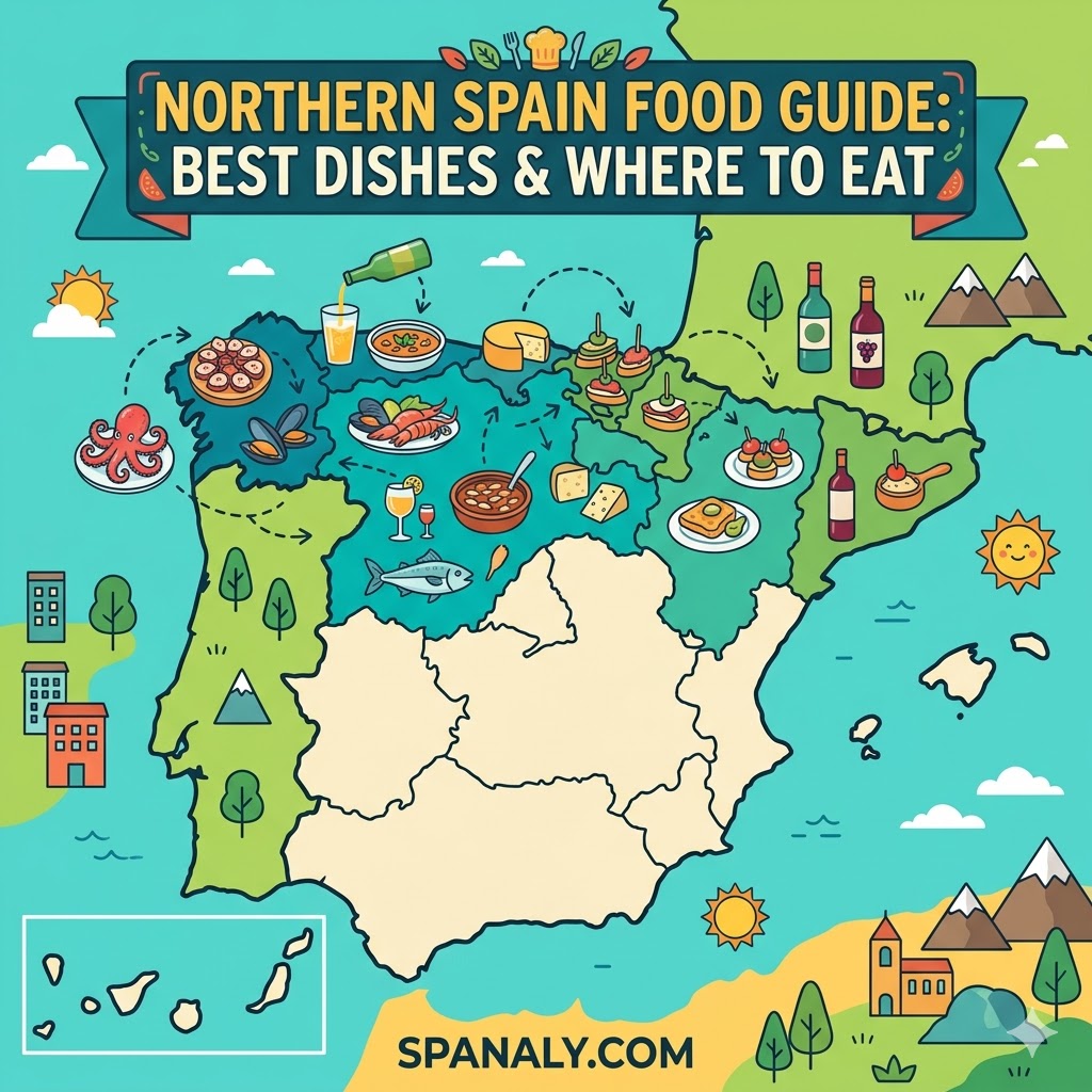 Illustrated map of Northern Spain highlighting traditional dishes like Pintxos, Fabada, and Seafood for food travelers.