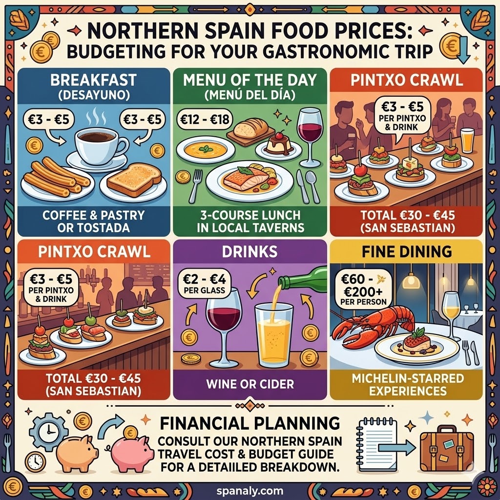 Infographic of food prices in Northern Spain featuring breakfast costs, Menú del Día, Pintxo crawl budget, wine and cider prices, and fine dining rates with budgeting tips.