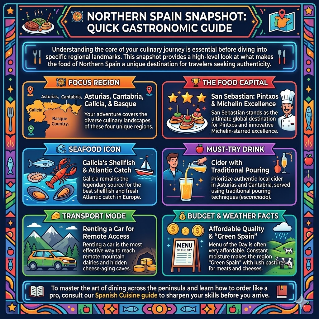 Comprehensive gastronomic guide infographic for Northern Spain featuring San Sebastian pintxos, Galician seafood, Asturian cider, and car rental tips for foodies.