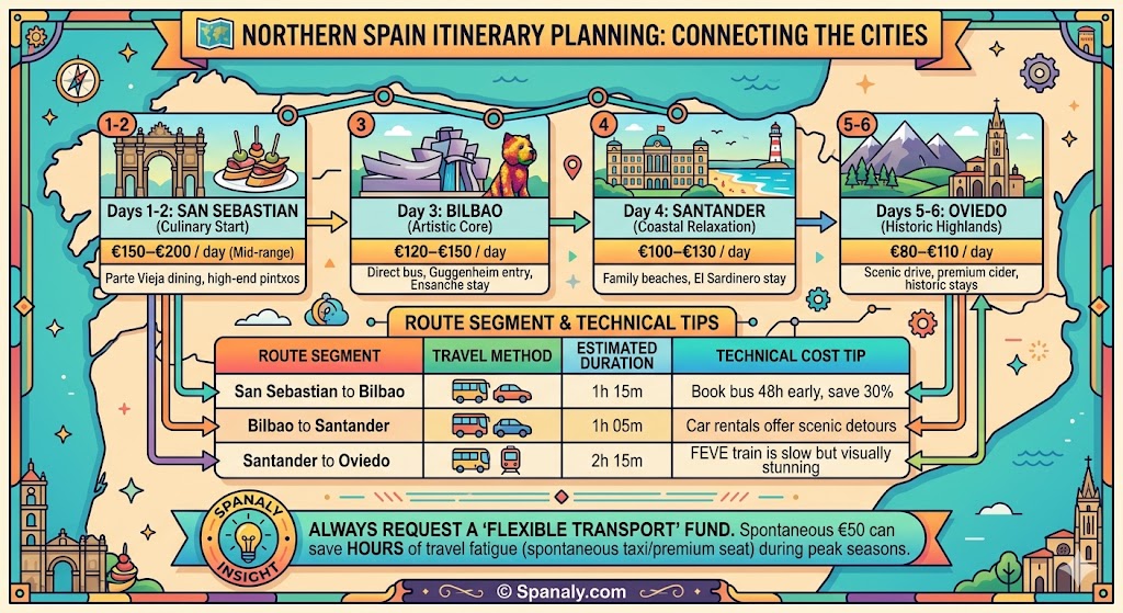 A detailed itinerary infographic for Northern Spain connecting San Sebastian, Bilbao, Santander, and Oviedo with travel times, daily budgets, and transport tips.