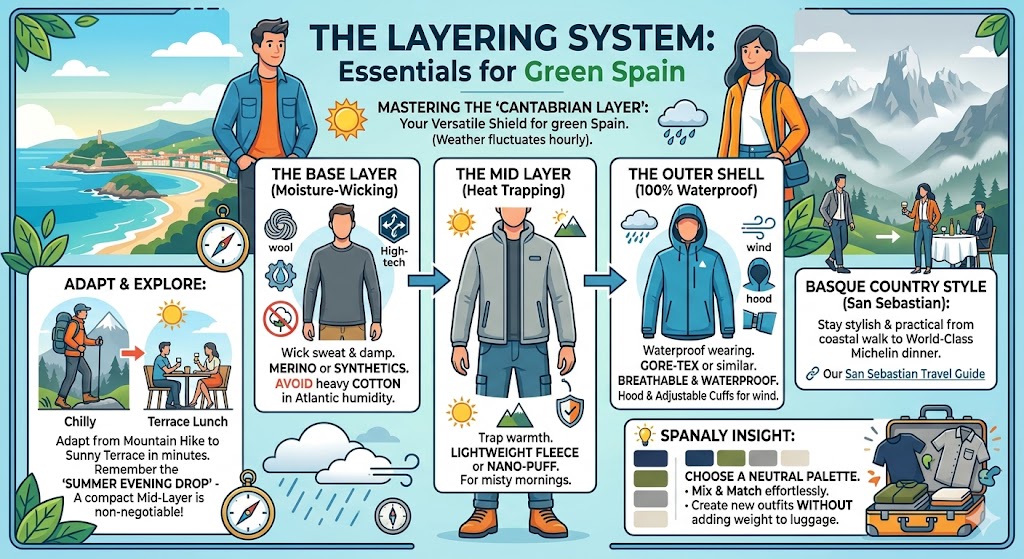 Infographic guide to the Cantabrian layering system for Northern Spain weather featuring base, mid, and outer shell layers.