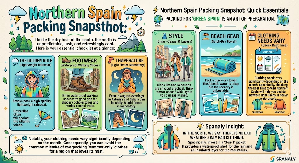 Infographic guide for Northern Spain packing essentials featuring raincoats, waterproof shoes, and smart-casual layers for Green Spain.