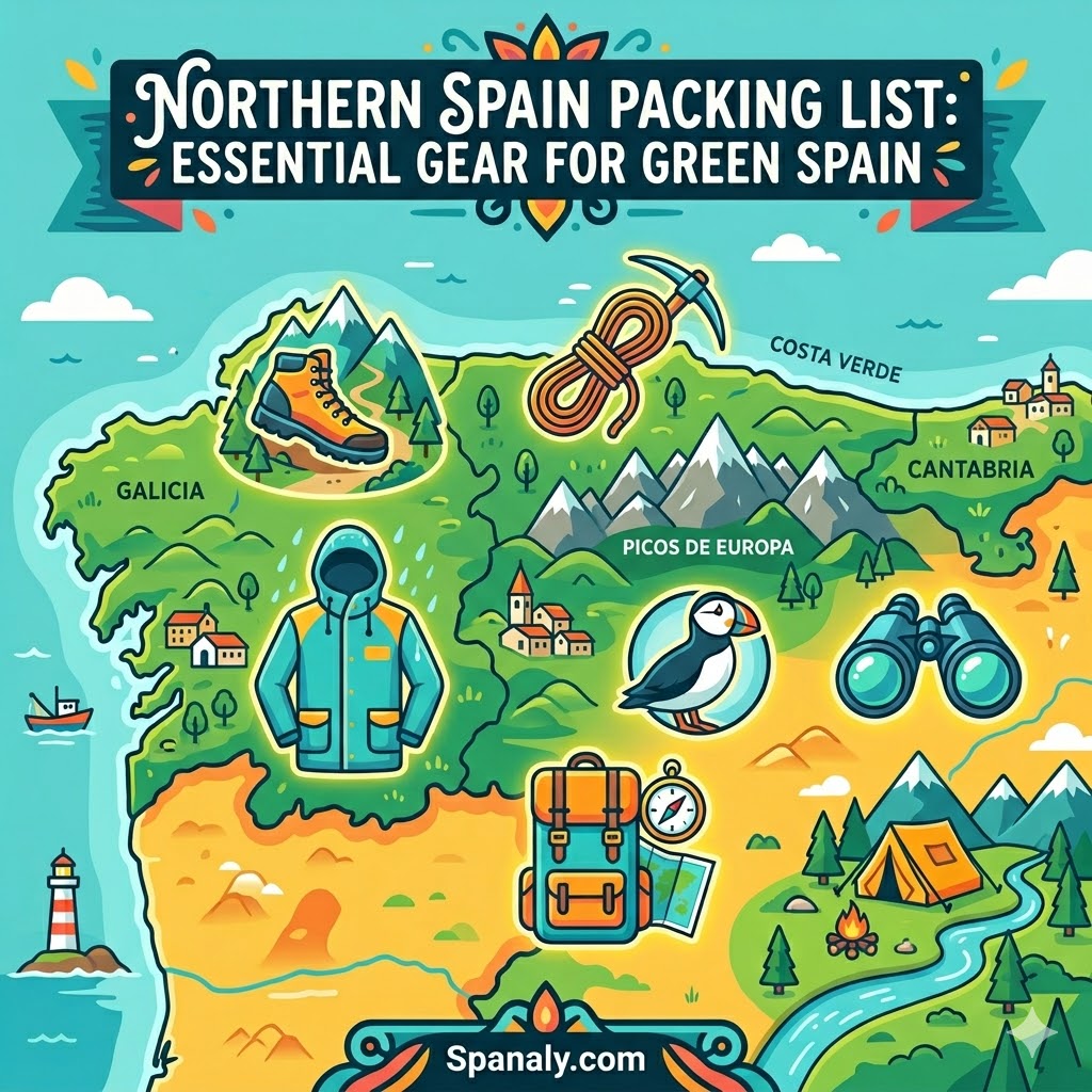 Epic infographic map of Northern Spain featuring essential packing gear like hiking boots, rain jackets, and backpacks for Green Spain.