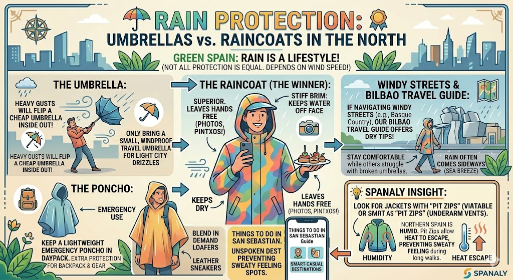 Infographic comparing raincoats and umbrellas for Northern Spain featuring windproof gear and emergency ponchos for Green Spain.