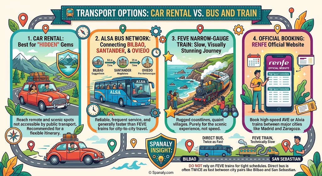 A comparative travel infographic for Northern Spain transport options featuring car rentals for hidden gems, ALSA bus networks, FEVE scenic trains, and Renfe official booking.
