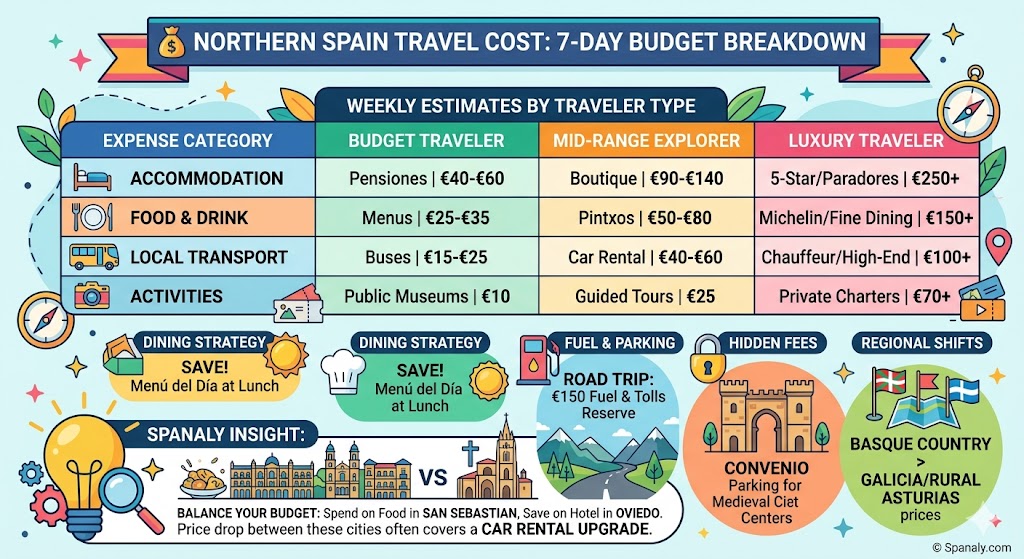 A detailed travel budget infographic for a one-week Northern Spain itinerary, comparing costs for budget, mid-range, and luxury travelers across accommodation, food, and transport.