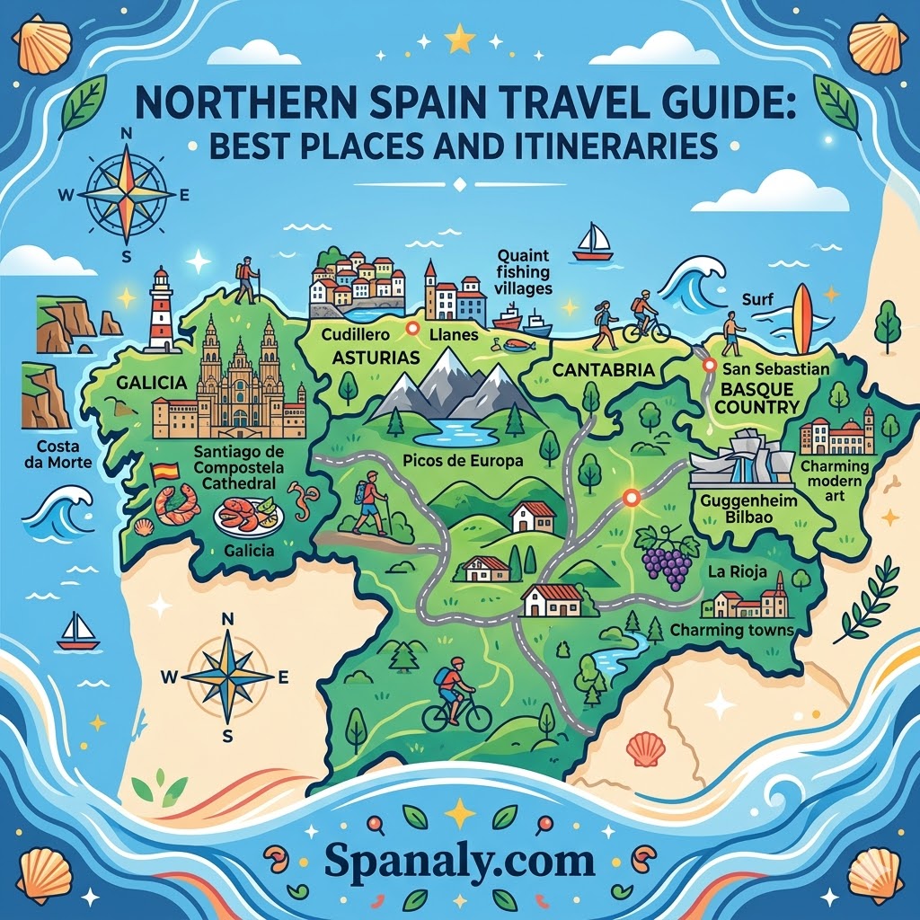 Vibrant epic infographic map featured image for Northern Spain travel guide, illustrating Galicia, Asturias, Cantabria, Basque Country, and La Rioja by Spanaly.com