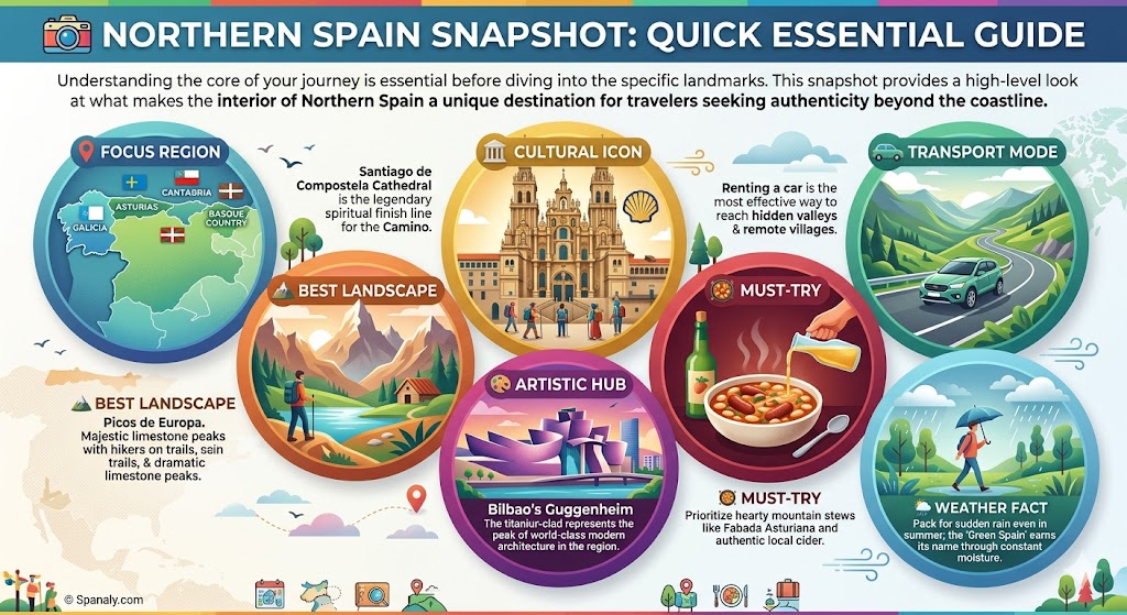 Essential guide infographic for Northern Spain featuring Picos de Europa landscapes, Santiago de Compostela Cathedral, Bilbao Guggenheim museum, and Asturian Fabada.