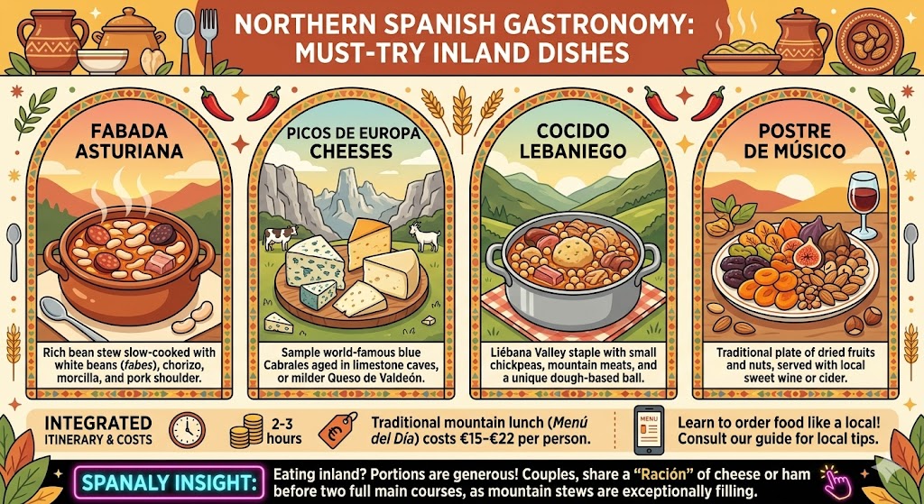 Colorful infographic of Northern Spanish Gastronomy featuring Fabada Asturiana stew, Picos de Europa blue cheese, Cocido Lebaniego, and traditional mountain desserts with local food costs.