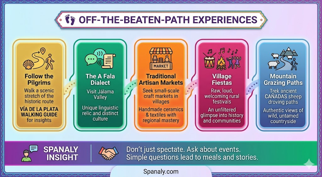 An infographic detailing authentic off-the-beaten-path experiences in Extremadura, including historic pilgrim routes, local artisan markets, and traditional rural festivals.