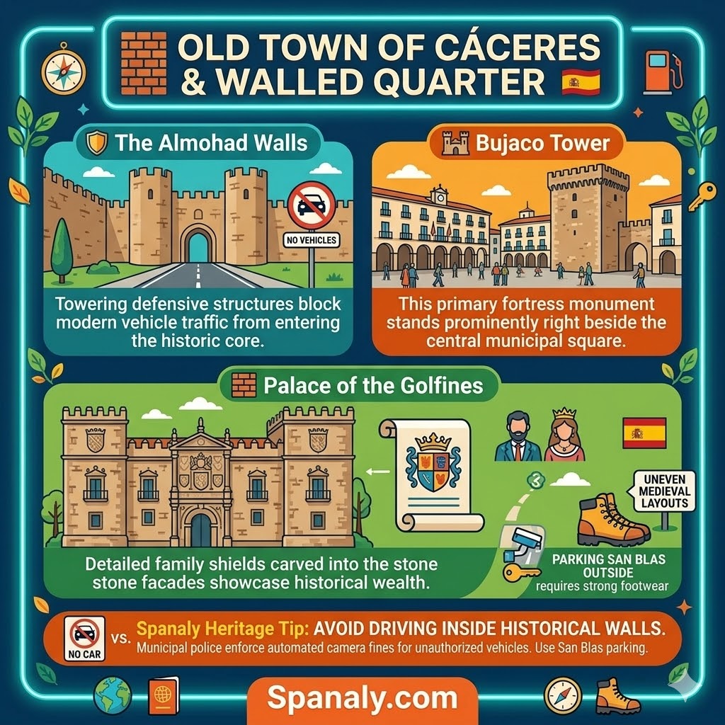Old Town of Caceres infographic showing the Almohad walls Bujaco tower and Palace of the Golfines heritage landmarks
