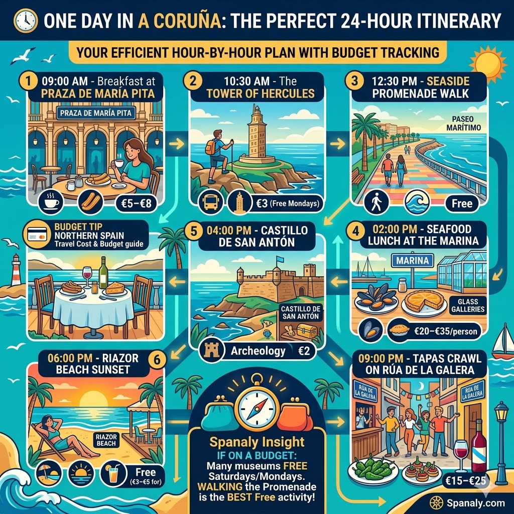 Step-by-step 24-hour itinerary for A Coruña featuring Praza de María Pita, Tower of Hercules, seaside promenade, and Castillo de San Antón with budget tips.