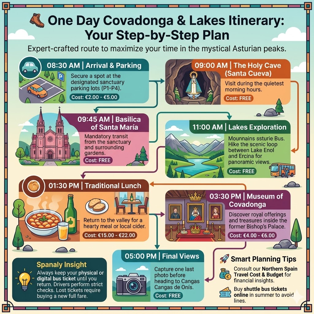 A detailed one-day itinerary for Covadonga and the Lakes including the Holy Cave, Basilica, and hiking trails with costs.