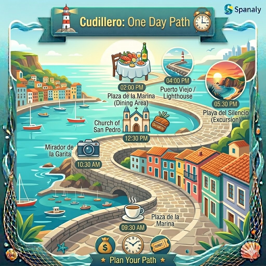Infographic map of a one-day Cudillero itinerary showing the path from Plaza de la Marina to Mirador de la Garita, San Pedro Church, and the lighthouse.