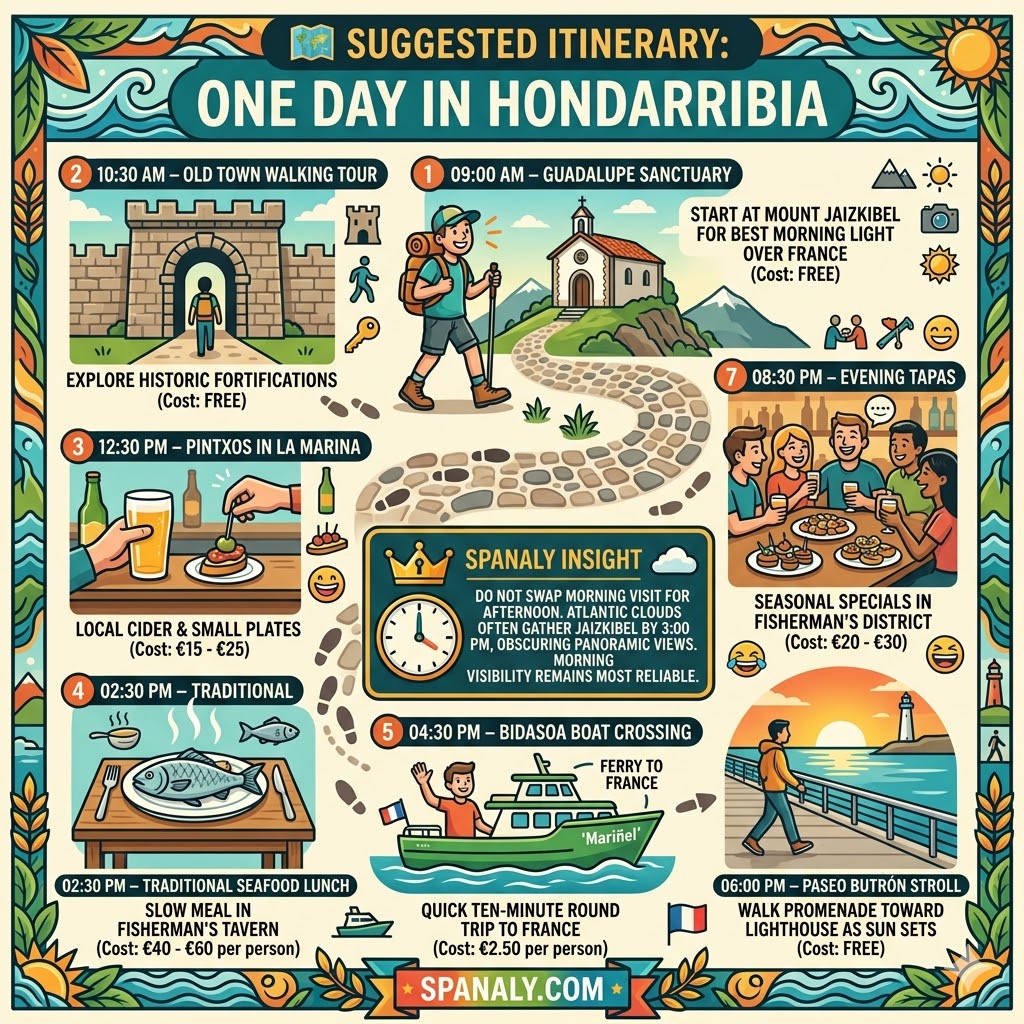 A colorful 1024x1024 infographic showing a one-day itinerary for Hondarribia, including Guadalupe Sanctuary, Old Town walking tour, pintxos in La Marina, and the Bidasoa boat crossing. It includes estimated costs for meals and activities with a Spanaly Insight on morning visibility and the Spanaly.com logo.