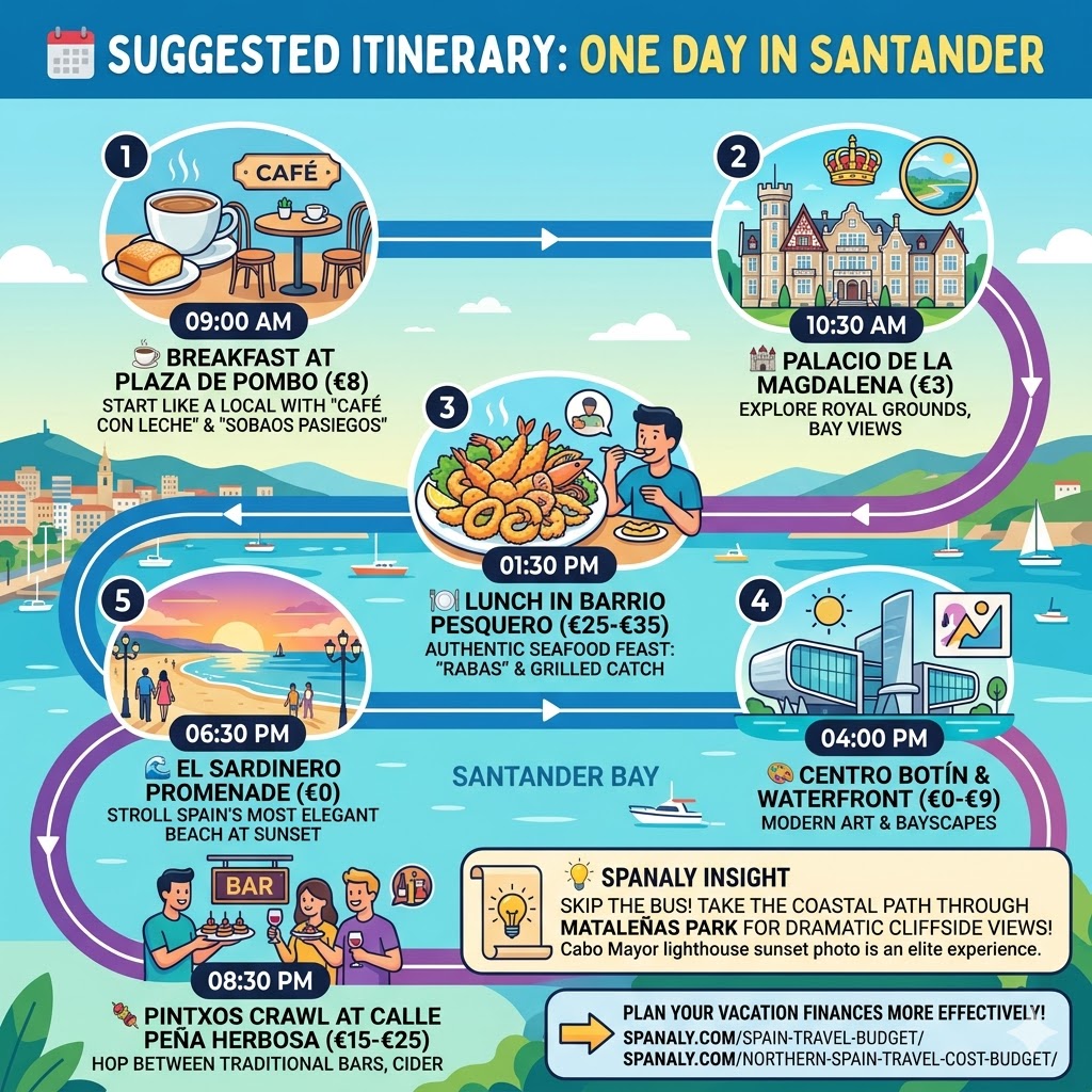 A colorful infographic titled 'SUGGESTED ITINERARY: ONE DAY IN SANTANDER', showing a step-by-step route from breakfast at Plaza de Pombo to a Pintxos crawl, including costs and Spanaly tips.